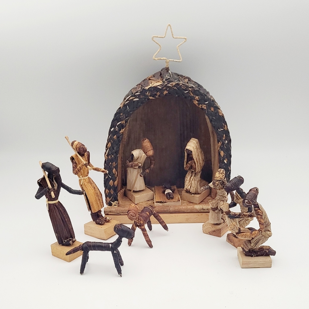 Vintage 11pc. Unique Handmade Banana Fiber/Palm Leaf Nativity Scene